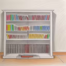 a drawing of a bookshelf that is full of colorful books,pencil drawings of an opened book shelf filled with books,a drawing of a book shelf filled with books,pencil drawing of an open bookcase with books on shelves,a book case filled with books sitting on a wooden floor