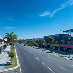 a street lined with shops and palm trees