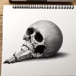 an old drawing of a skull with a pencil in its mouth