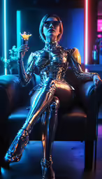 the woman in shiny suit is sitting on a couch