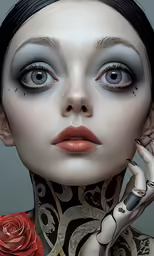 an art work of a woman with makeup and rose