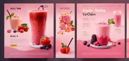 three vertical menus for smoothie shops,a pink page of various beverages including fruit, milk, and a shaker