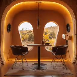an arch - shaped room with some round windows, a table and two chairs, a desert view