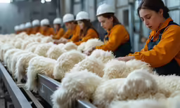 sheep are being sheared while women in hard hats watch