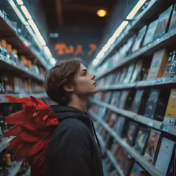 a young woman in a bookstore looks at shelves with books