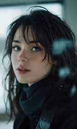a woman with long hair and no nose wearing black
