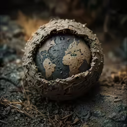 an old metal ball sits on the ground