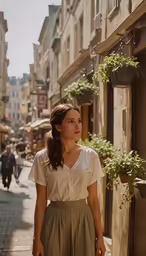 a woman standing outside in front of a building