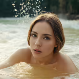 a naked woman is in the water and looking at something