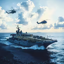 two military boats and an helicopter flying over a ship