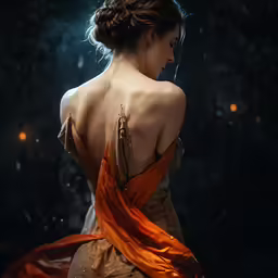 a woman in an orange dress with a brown shawl