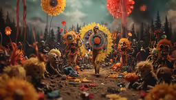 a man standing in a crowd of dead toys with flowers and trees