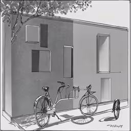 a bicycle parked near a building with lots of windows