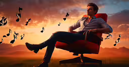 an artistic scene depicting a man in a red chair on the computer chair,the man sits in the red chair in front of the mountain