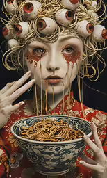 a woman is holding a bowl with noodles on it
