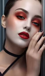 a model with dark lipstick and red make up