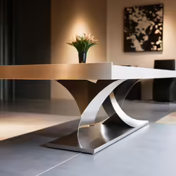 modern glass and metal table with a large vase