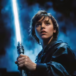 a woman holding a star wars light saber
