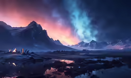 purple light on the mountain peaks is reflected in the water