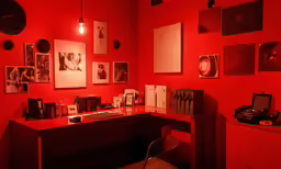 a room with red walls has a desk and many pieces of artwork