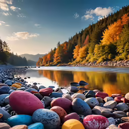 many colored rocks next to the water at sunset