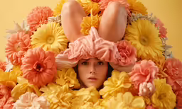 a person with big flowers behind her head