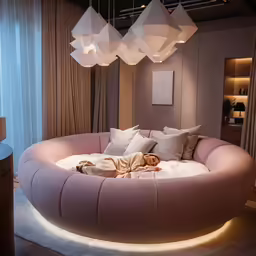 a baby is laying in the middle of an oversized round couch