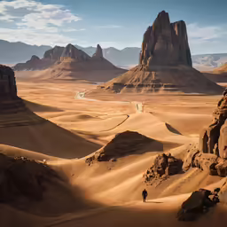 a man walking in a desert near two mountain formations