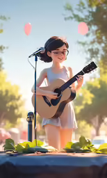 the cartoon woman is playing a guitar on stage