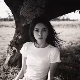 young beautiful woman in white shirt posing beneath an old tree