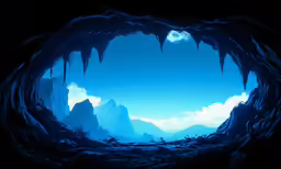 view of a mountain from inside a cave in a dark place