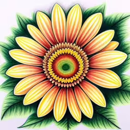 a large flower with green leaves and yellow centers,colorful colored picture with leaves and an eye,there is an artistic image of a flower,an image of a flower with green leaves on it,the top view of a flower with a green center