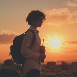 the silhouette of a woman standing next to a field of flowers holding a drink