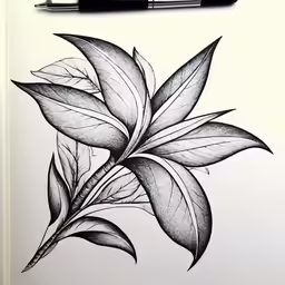 the black ink drawing of a plant on a white paper