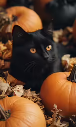 a cat sitting between pumpkins on some brown leaves