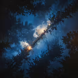 an image of a night sky from above looking up at the light on the tree branches