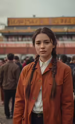 an asian girl standing with her braid in a bun