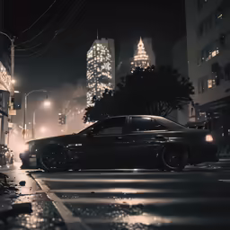 a black car on a wet city street at night