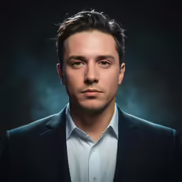 a portrait photograph of a young man with a serious look on his face