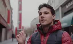 a man in a red vest with a rock gesture