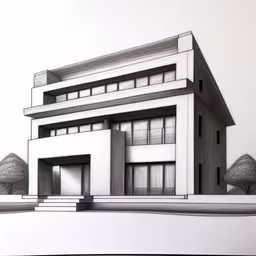 a drawing of a building with two levels on the first floor,there is a drawing of a white building