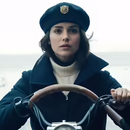 a woman in uniform on a steering wheel with an instrument