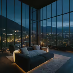 an illuminated room with high lights and a large window