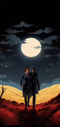 a couple stands on a hill in front of a full moon