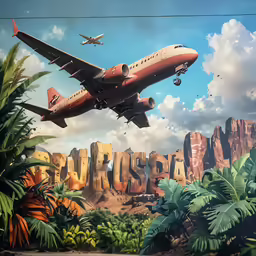 a big jumbo jet flying in the air over some trees