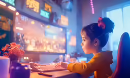a young child playing on a computer at a desk