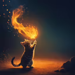 a little cat is holding a glowing stick with its mouth