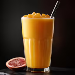 a glass of orange juice with some sliced grapefruit