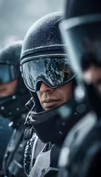 three police officers wearing helmets and gear during the day