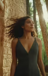 the model poses in a dress while surrounded by trees